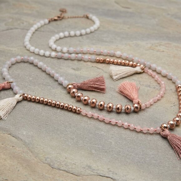 J.Crew 32" Long Beaded Tassel Necklace | Rose Gold, Gray & Blush Pink - Picture 5 of 7